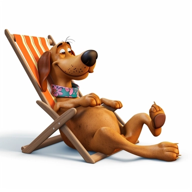 a cartoon dog lying on beach getting a tan, beach setting, full body image, pixar style, clipart, white background