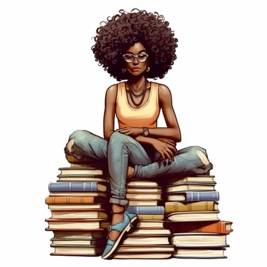 Clipart illustration of afro cosmepolitian woman sitting on top of books, realistic in the style of nene thomas