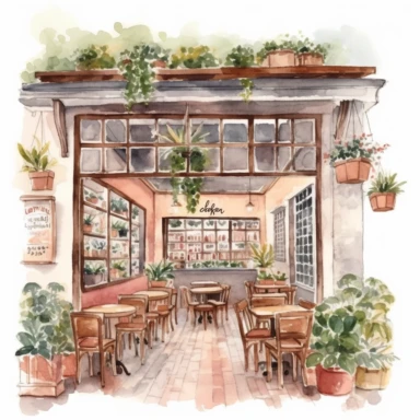 Italian vintage shop clipart, cozy, Watercolor, detailed, interior design, Italian cafe interior clipart, Italian cafe illustration, white background, no caption, no text
