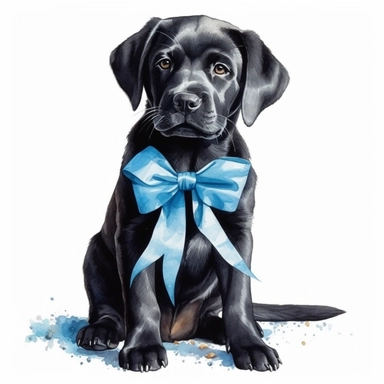Black labrador puppy clipart, Cute puppy labrador sitting with blue birthday bow ribbon on his neck, smiling, happy chubby puppy, ultra-detailed, sharp image, realistic pet image, Watercolor labrador dog, isolated on the white background, hd
