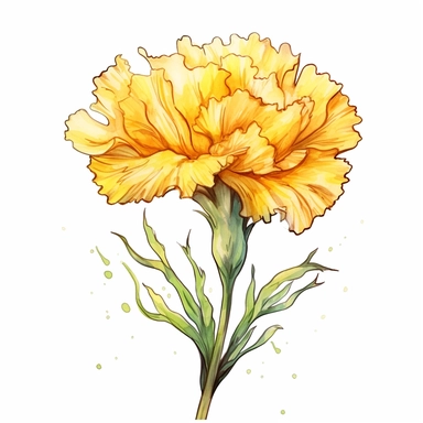 Watercolor yellow carnation clipart on a white background in the style of feminine sticker art, Tanya Shatseva, storybook illustration, bright yellow and golden hues, Georgia O'Keeffe, flower and nature motifs, colored line art, colored outlines, cottagecore design, watercolor on white background, ombre, sunny tones, colored line art, colored outlines, iridescent ombre, gradient shading, symbol of cheerfulness, vibrant digital art oil paint photorealism, an illustration of a colored flower, meti