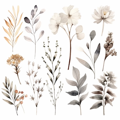 Watercolor Elegant Neutral Colors whites, creams and grays Bohemian leaves, Floral Clipart, Bohemian Wild Flowers, Bohemian Leaves Watercolor, 8k