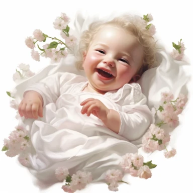 A Victorian baby, garbed in a white cotton dress, lying on a bed of fallen cherry blossoms. The baby's soft laughter echoes the innocent beauty of the scenery. Intricate detail, hyper-realistic, solid white background, clipart