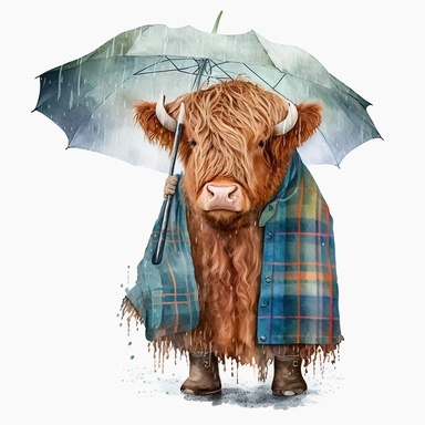 Highland Cow in a rain coat holding a unbrella, Watercolor, Clipart, Farm Animal, clipart