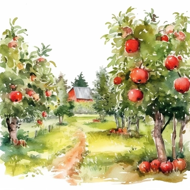 watercolor apple orchard clipart, white background