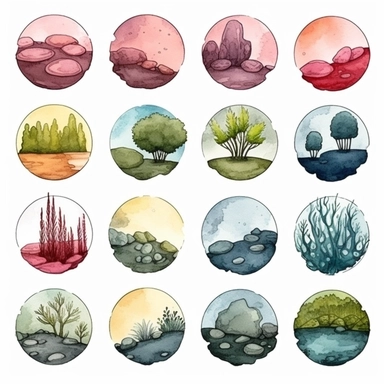 Watercolor wax seal , illustrations clipart set, simple , cartoon elements, rocks, bushes , different variants , , separate elements with a margin