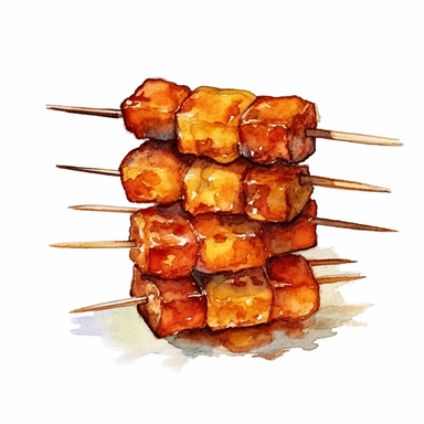 Sate (Satay) logo watercolor,simple Watercolor, hyper realistic, white background, white margins, 16k, ultra detailed clipart, cut out image, hand - drawn, whimsical manhwa style, ultra HD, sharp and clean art