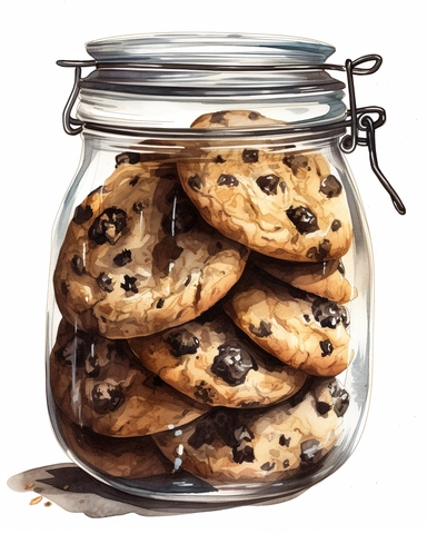 detailed watercolor of pile of chocolate chip cookies on a glass jar, realistic, isolated on white background, clipart