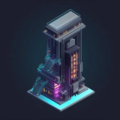 isometric perspective, game sprite, futuristic elevator concept, gaming asset, sci-fi, fun, creative, cartoon, clipart, hyper-detailed, black background,