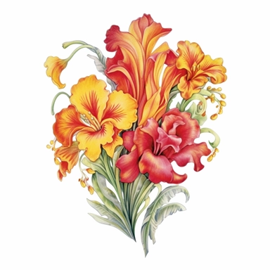 Design a dreamy watercolor clipart of a Bouquet of vibrant orange, red, and yellow flowers arranged in a wild and untamed style composition, hand-painted with soft and graceful brushstrokes. Draw inspiration from the artistic finesse of Ethereal Petals Watercolors for a refined and ethereal depiction. isolated on a white background, hand-drawn illustration, hand-painted watercolor texture, 16k UHD resolution, intricately detailed, sharp focal points, designed by Ana Victoria Calderon and Holly E
