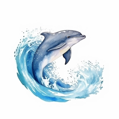 Watercolor hand-drawn dolphin illustration - jumping up from the foamy ocean wave, playful, happy mammal. Character, logo, children wallpaper, doodle, cartoon. Marine clip art. Ocean, sea inhabitant. White Background