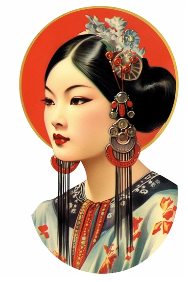 Vintage 1920 Asian woman along with a striking silver nose ring Illustration , Chromolithograph, Die Cut, 1920s Illustration, Vintage, Chromolithograph, Colorful, Antique, Ephemera, Clipart, 8k, Isolated on white
