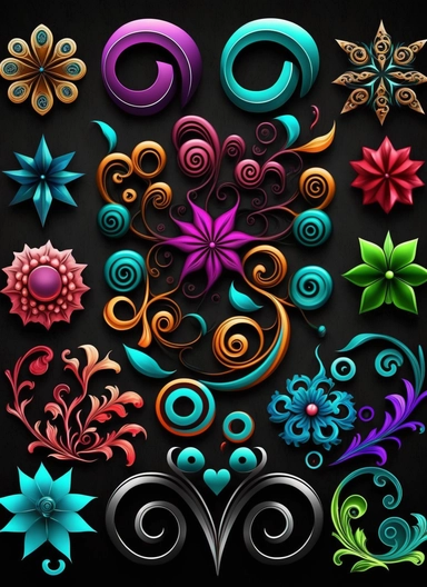 loops, hooks, hearts, stars, doodles, swirls, waves, whimical, flower clipart, blossoms, decorative buttons, kawii, hyper realistic , intericate details, high definition,