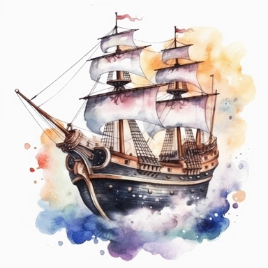 cute watercolor pirate ship clipart, full body, hd, on white background, spaced out