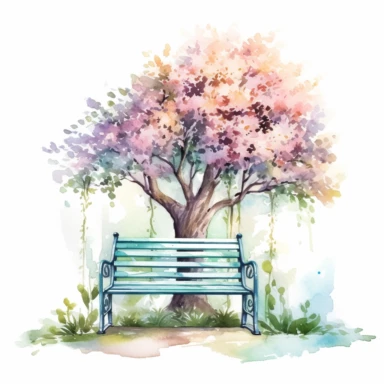 clipart, isolated on white background, Watercolor Spring beautiful ornated metal bench under the tree, flowers and grass and plants, ornated, pastel colors