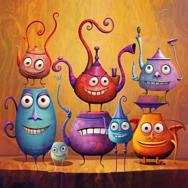 Whimsical magical wacky tea pots, dancing, large eyes, big smile, muted colors, swirls, twists, twirls, metallic, glitter, stylized, funny, centered, airbrushed, digital oil, detailed illustration, clip art, cartoon, 8k,-- ar 9:8