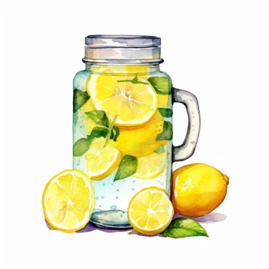 watercolor lemonade in jar with lemon pieces clipart, white background