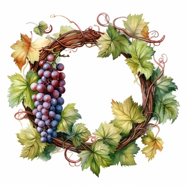watercolor ultra realistic and hyper detailed illustration of a Grapevine wreath with intertwined branches, clipart, white background