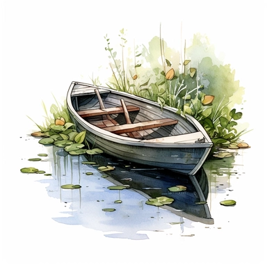 row boat, small creek, clipart, illustration, summer, water color, white background, high detail