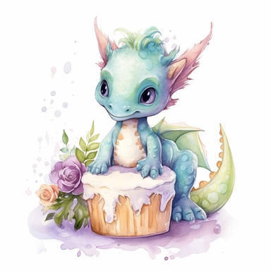 Cute happy Watercolor cake Baby Dragon Clipart, on a white background