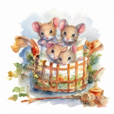 a cute baby mice inside a crib, watercolor, detailed, clipart, hd