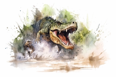 Watercolor, Illustrate the swift and agile movements of a Postosuchus capturing its prey in a prehistoric forest clipart, hd, on a white background, spaced out