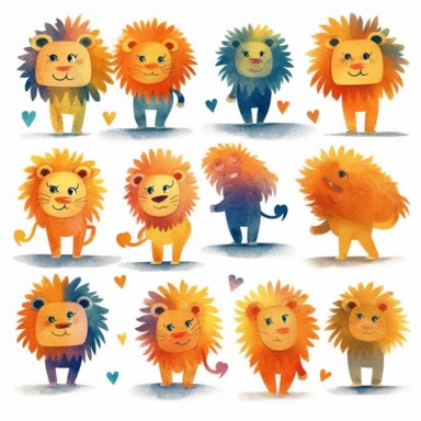 minimalist Lion character illustrations for the album 'love' by amanda, in the style of colorful textures, eric carle, digital gradient blends, children's book illustrations, mechanized forms, colorful sidewalk scenes, light yellow and indigo, only white background clipart
