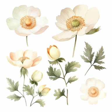 Watercolour clipart white color variations, burnet rose blossom, vintage effect, high quality, soft and muted colours, bright white background, 8k, f1