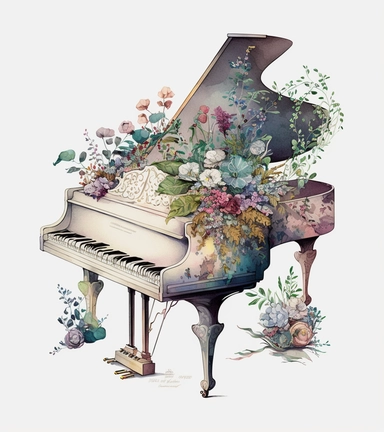 watercolor grand piano decorated with florals screenshot,clipart, super detailed, in the style of watercolor illustrations, intricate patterns and details, natural pastel colors on solid white background , no shadow, oil paintings, nightcore, decorative artistry, on white background, spaced out