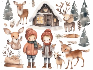 christmas watercolor clipart kids playing in snow, in the style of kitsch aesthetic, murals and wall drawings, dark white and dark beige, depictions of animals, domestic interiors, cut and paste, cottagepunk
