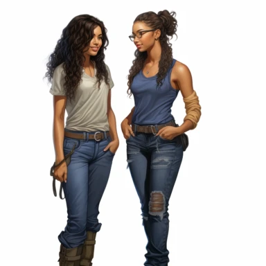 realistic illustration of two female african american friends standing very close to each other. Ladies are wearing denim jeans and a short top, belly is visible, modern look. Clipart, isolated on white background, 4K