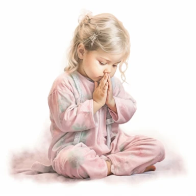 Watercolor cute praying little girl, kneeling by bed, pastel pink pajamas, beautiful details, ultra detailed, ultra photo real intricate detailed, high definition, graphic clipart, hyper realistic, detailed, white background