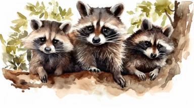Curious Raccoons: A family of raccoons peeking out from behind a tree, with one raccoon looking directly at the viewer - cute and adorable watercolor illustration with photorealistic high details clipart, white background