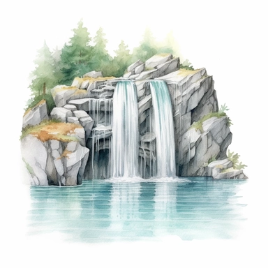 watercolor, hyper realistic, white background, white margins, 16k, ultra detailed clipart, cut out image, hand-drawn a gentle waterfall flowing into the lake, surrounded by rocks and a serene natural landscape. Soft pastel shades inspired by nature, such as pale blue, mint green, lavender, baby pink, and light yellow.