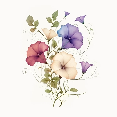 clipart, morning glories, flower bouquet, minimalist, dreamy, whimsical, illustrations, white backgrounds