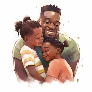 african father hugging daughter and boy lovingly, smiling, Watercolor Clipart, HAPPY, strybk, full Illustration, chibi kawaii, sharp focus, watercolor, smooth soft skin, symmetrical, soft lighting, detailed face, concept art, muted colors, watercolor style, strybk, children's style fairy tales, Octane rendering, 3D, Perfect face, detailed face, delicate face, perfect sharp lips, detailed eyes. Craig Davison, Aubrey Beardsley, Conrad Roset, Aikut Aidogdu, Agnes Cecil, 8k