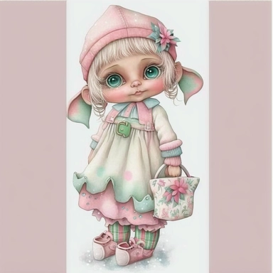 A cute Christmas girl elves doll girl pink and mint pastel dress clothing holding Christmas gift , shabby chic, cute, Christmas, clipart, white background, 32k uhd, insanely detailed and sharp, flickr, plush doll art, soft faded colors, fairy tale watercolor art by Susan Wheeler, Thomas Kinkade and Marjolein Bastin