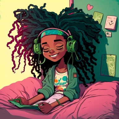 disney, pixar, Cheerful, vibrant cartoon illustration of a confident black teen with natural long locs hair, hanging upside down on a bed wearing stylish clothing and accessories and headphones, spiritual sage green bedroom. filled with lots of good energy, against a colorful backdrop, high-quality, clipart, joyful, empowering, positive vibes