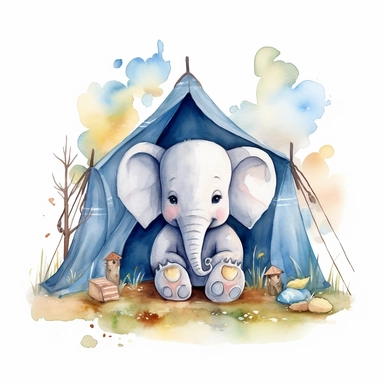 Create a watercolor illustration clipart of a playful cute Baby Elephant Camping, with its full body visible. Use soft, flowing brushstrokes and a warm, inviting color palette to create an image that is both charming and whimsical. Incorporate intricate details like the motion of Baby Elephant Camping to create a lifelike, realistic image. Can add other elements to the illustration like related item to play to create playful scene. Use white background to allow the watercolor textures to shine t