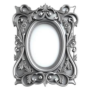 A single vintage silver frame clipart with a glossy, reflective finish and a rounded rectangular shape. The intricate details of the frame are highlighted by the shine of the silver, creating a modern and sleek look. The background is a soft gray with a subtle texture, adding depth and dimension to the design. [1], [2], [3], [4], photography, Close-up macro photography with a wide-angle lens, creating a shallow depth of field and emphasizing the intricate details of the frame. Shot on a Canon EO