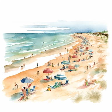 watercolor chic illustration of Playa la Bota in Punta Umbría, Huelva, Spain, featuring its wide sandy shoreline, gentle rolling waves, beach umbrellas, and people enjoying activities like sunbathing, swimming, and beach volleyball, beautiful, clipart, sticker art, flat 2d, 8k, high definition, white background