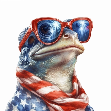 Poison dart frog, wears American flag scarf and sunglasses, closeups shot, low angle, watercolor style, hyper-realistic animal illustrations, 2d game art, quadratura, clipart, on white background,