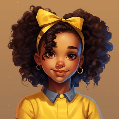 illustration concept of cartoon african girl with a bow clip art, in the style of lilia alvarado, yellow and gold, poodlepunk, walt disney, realistic portrait drawings, charming anime characters, 32k uhd