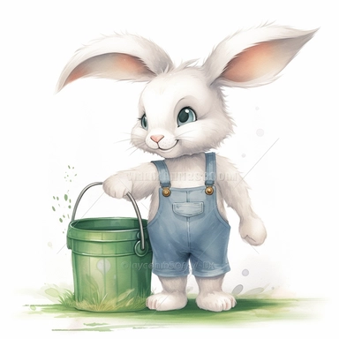 Cute fluffy white rabbit holding milk churn clipart,chibi,smile expression,wear farmer jumpsuit,walking pose, side view, in the style of watercolor cartoon clipart, kate greenaway style,pixar style, high resolution, composition free space, pastel color scheme, soft and tender, watercolour clipart, watercolor illlustration for kids and children,isolated white background, clipart most popular on etsy, book illustration, featured on dribble,print on demand image, PNG tranparent background,detailed 