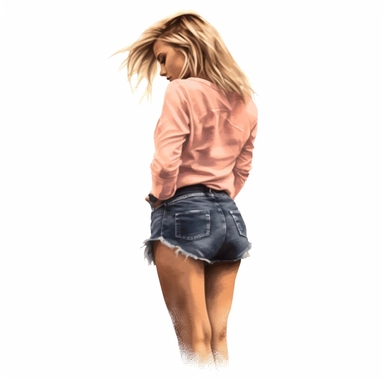 glamour model posing, blonde hair, hotpants, full length, her back is facing the camera, her head is looking to the right, her hair up is up in a ponytail, watercolour style, fine details, 8k clipart png transparent