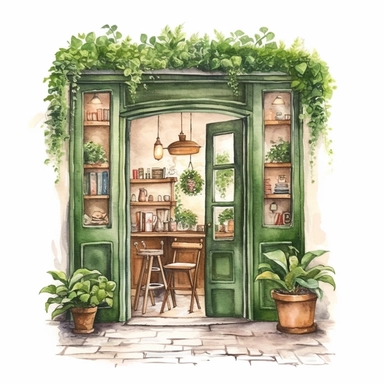 front illumination of ultra - realistic watercolor painting of deep green cute french cafe interior with open doors clipart, cute flowers, serene, cottagecore, plants overgrowing everywhere, aesthetic, naturalisting, cottagecore, plants, magical, white background, isolated on white, watercolor illustration, award winning