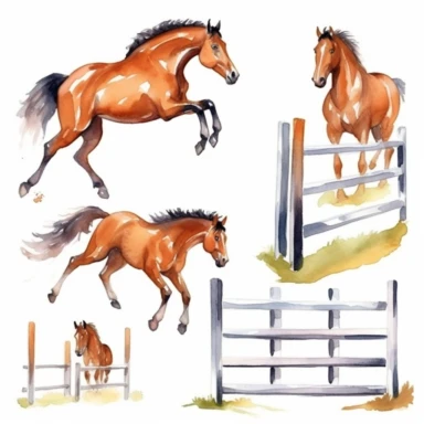 Watercolor horse racing , horse jumping over fence, illustrations clipart set, simple, white , cartoon elements, different variants , separate elements with a margin