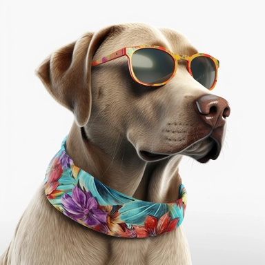 A hyper-realistic Labrador Retriever wearing a stylish Hawaiian shirt and cool sunglasses, depicted on a white background in a clip art style. Cinematic, hyper-detailed and insanely detailed, the image is beautifully colored with the help of the Unreal Engine. The depth of field (DOF) effect enhances the visual impact, while the super resolution and high megapixel count ensure exceptional image quality. Lighting is rendered with cinematic precision, incorporating anti-aliasing techniques like FX