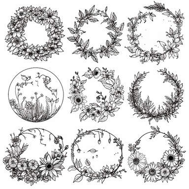 Nine extremely simple and beautiful uncomplicated minimalist design flower garlands clipart in 3 rows, 3 columns, line drawing in a perfect circle, very little detail, mixed drawing so that certain parts of the circle are flowers, straight line, hidden and dotted line, flower details do not enter the circle or enter very little, black focus, high quality, aesthetic style, white background, garlands only,8k