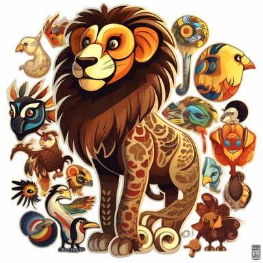 sticker clipart cartoon of lion, full body, Adinkra symbols, the Sankofa bird, the Ankh, and African masks, 3D, disney pixar style, white background ,high definition, high resulotion, highly detailed,16K , 4:7